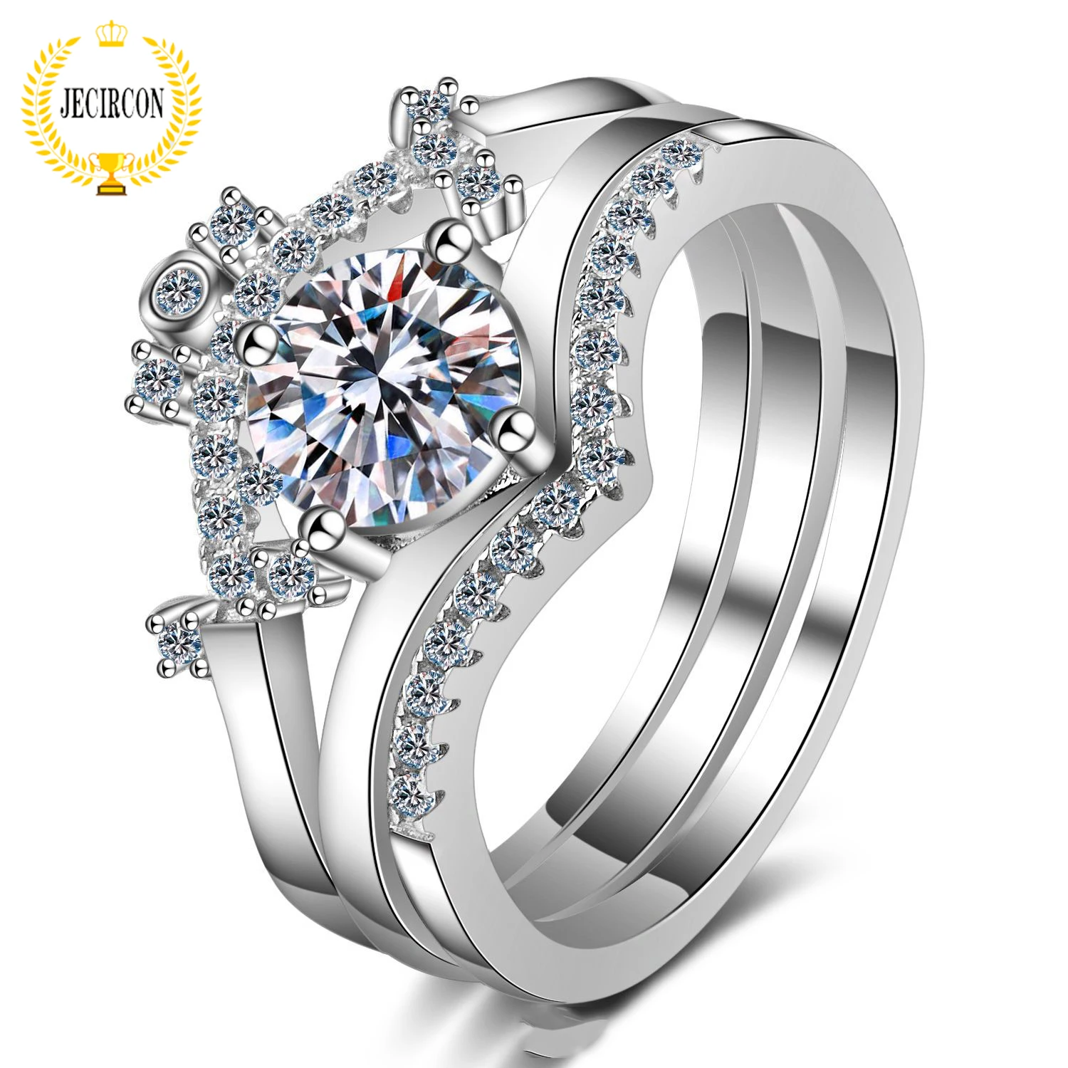 

JECIRCON 0.8ct Moissanite Ring for Women Luxury 4-claw Wedding Band Crown 3 in 1 Simulation Diamond 925 Sterling Silver Jewelry