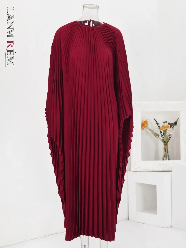 

LANMREM 2024 New Fashion Solid Color Pleated Spring Dress Loose Round Neck Batwing Sleeves Irregular Long Dresses 32C186