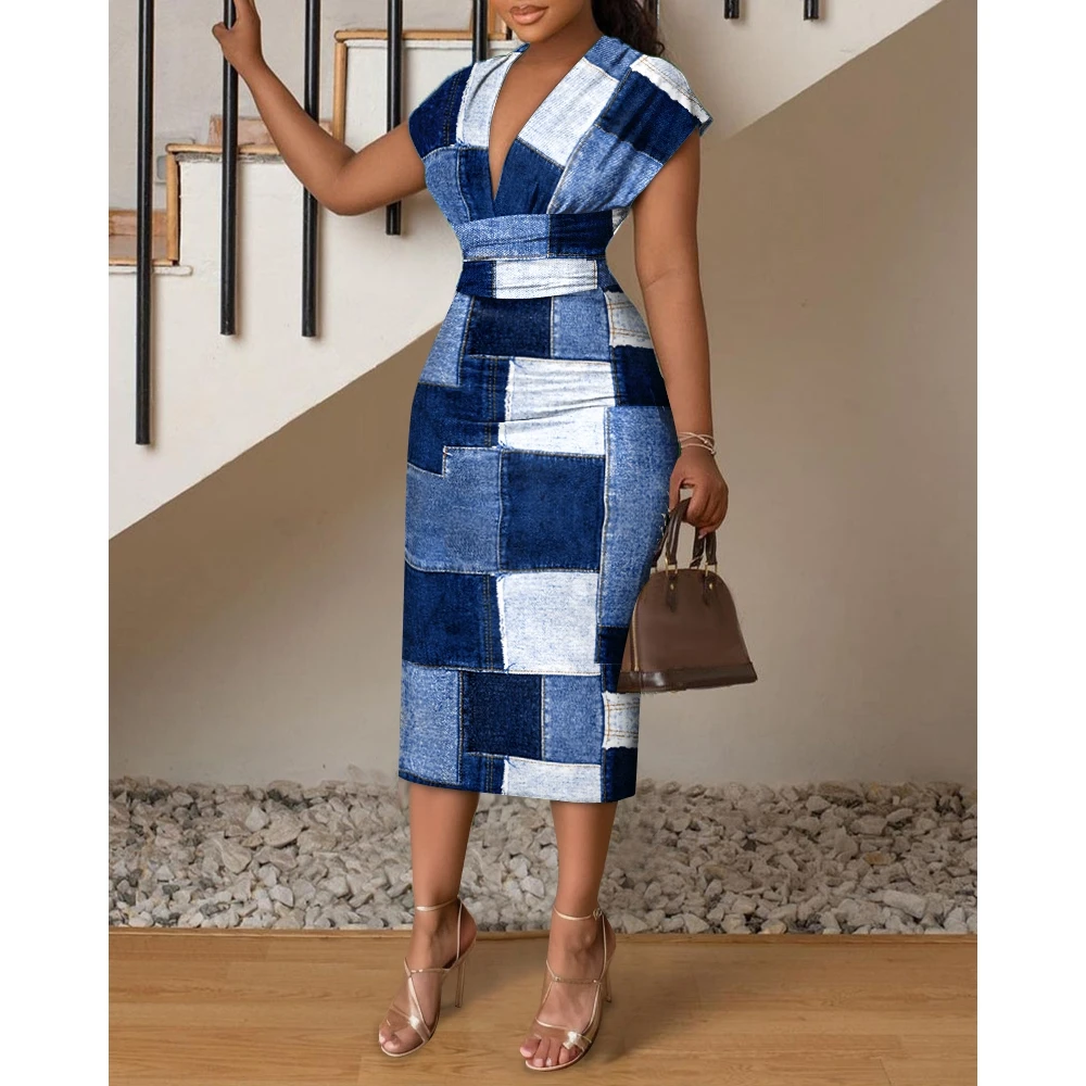 Summer Women Denim Look Print Cap Sleeve Bodycon Midi Long Dress Lady Plunge Slim Fit Work Blue Dress Vestido Elegante Mujer
Summer Women Denim Look Print Cap Sleeve Bodycon Midi Long Dress Lady Plunge Slim Fit Work Blue Dress Vestido Elegante Mujer