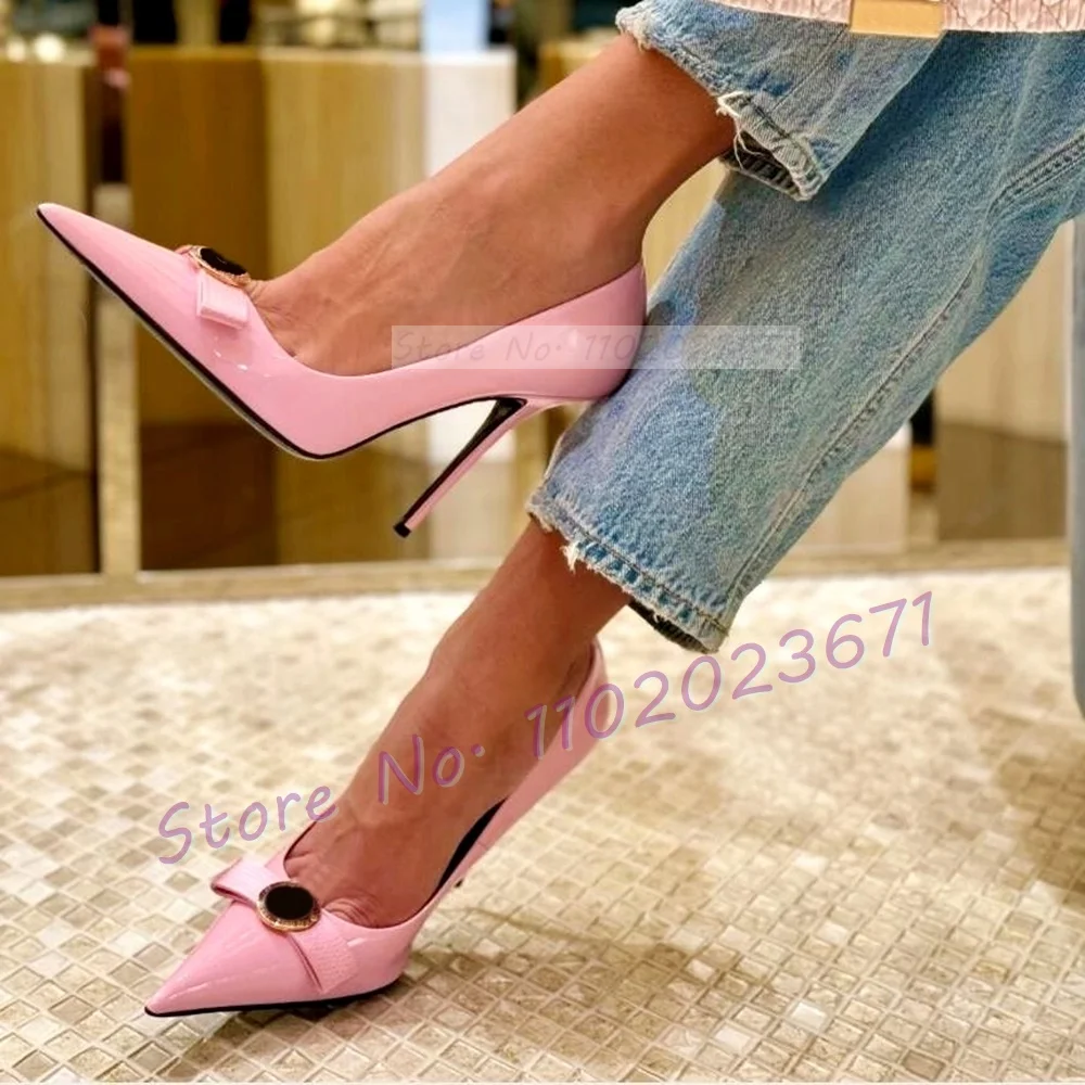 

Pink Bow Pointy Stiletto Pumps Women Elegant Gold Buckle Decor Real Leather 10cm High Heels Shoes Ladies Stylish Newest Sandals