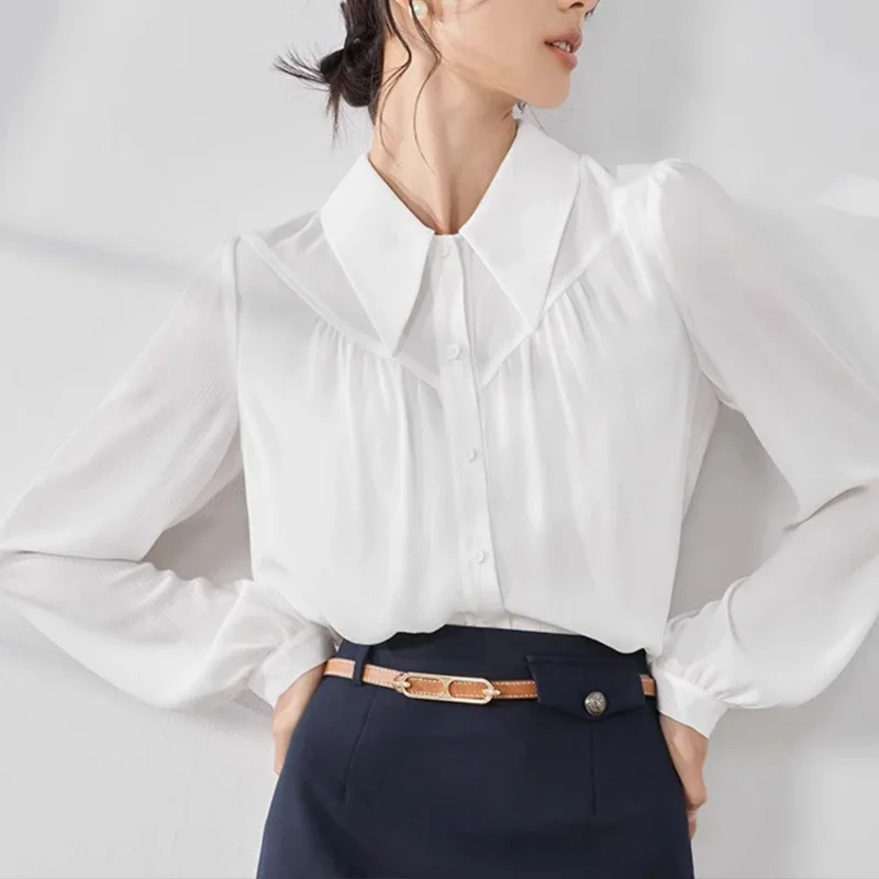 Шифоновая Свободная Женская рубашка, белая Офисная Женская блузка на весну/лето, женская одежда с воротником-поло, однотонные Топы с длинным рукавом YCMYUNYAN 
Шифоновая Свободная Женская рубашка, белая Офисная Женская блузка на весну/лето, женская одежда с воротником-поло, однотонные Топы с длинным рукавом YCMYUNYAN