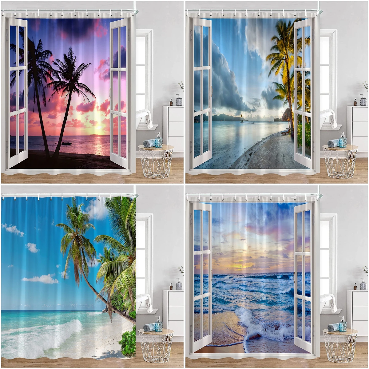 

Coastal Shower Curtain Open Window View of The Sky Clouds Rising Sun Seascape Grass Morning Scenery Bathroom Decor Set with Hook