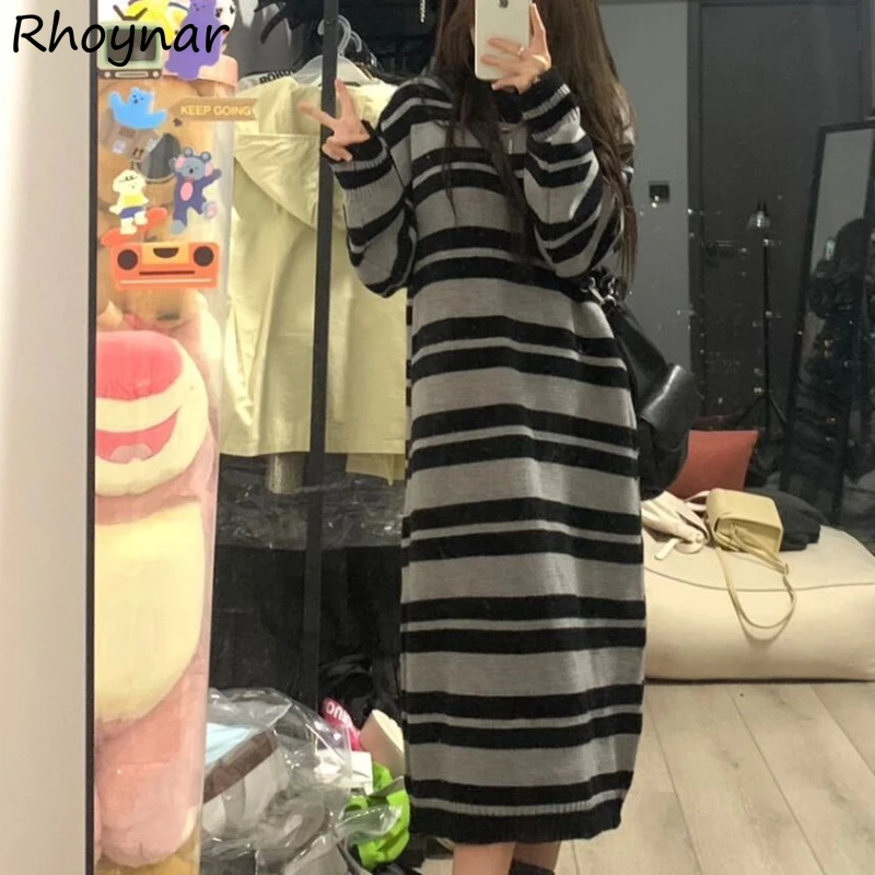 

Vintage Striped Midi Dress Women Korean Harajuku Fashion Knitting Temper O-neck Streetwear Teens Hip Hop College All-match Cozy