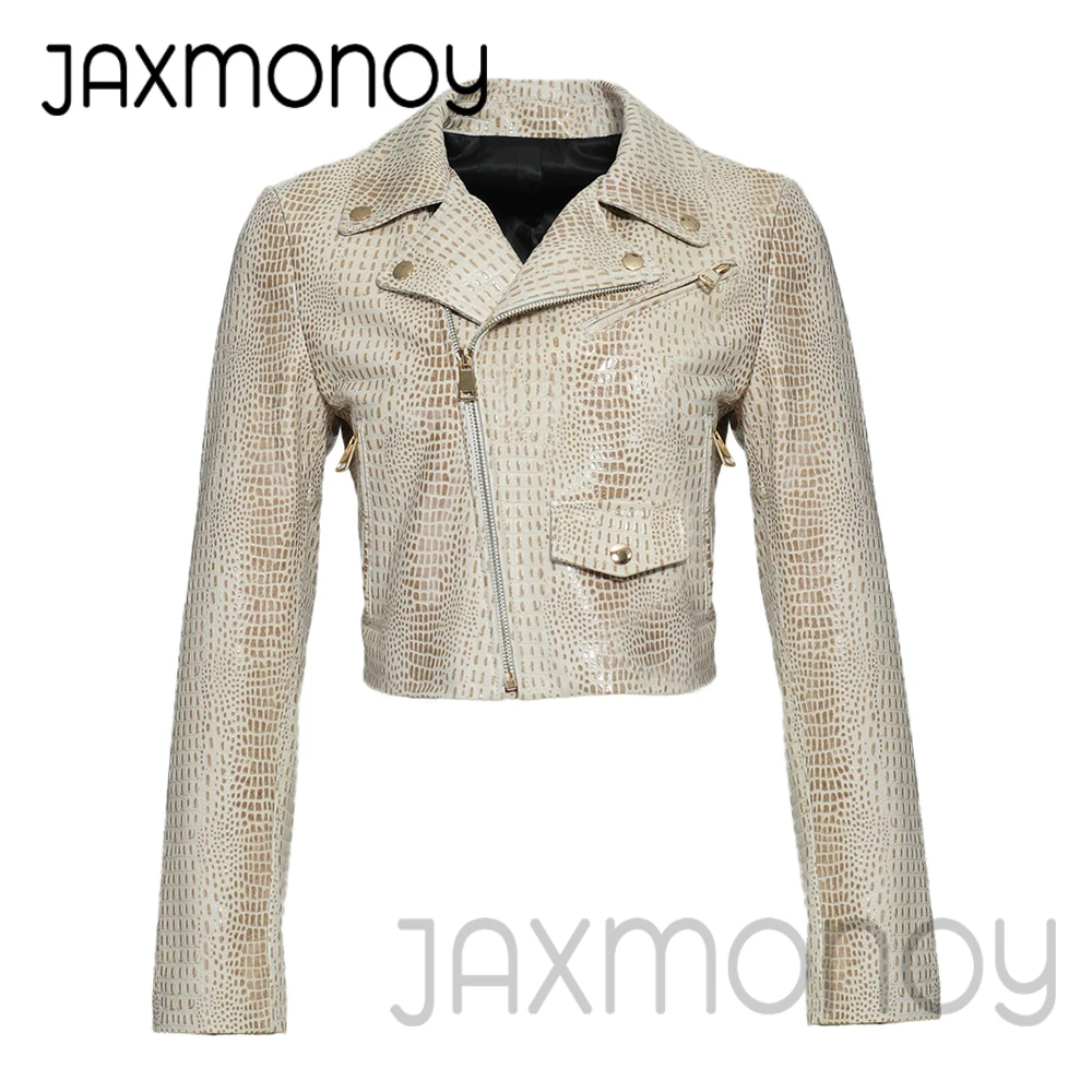 

Jaxmonoy Women's Real Leather Jacket Short Style Spring Sheepskin Moto Biker Zipper Jacket Ladies Fashion Cropped Coat Autumn