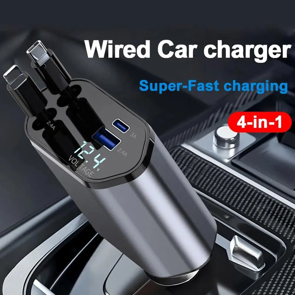 

120W 4 IN 1 Retractable Car Charger USB Type C Cable For IPhone Samsung Fast Charge Cord Cigarette Lighter Adapter E1F9