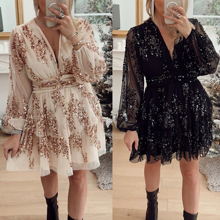 

2024 European and American New Christmas Party Sequin Layered Dress INS Casual Loose Long Sleeves