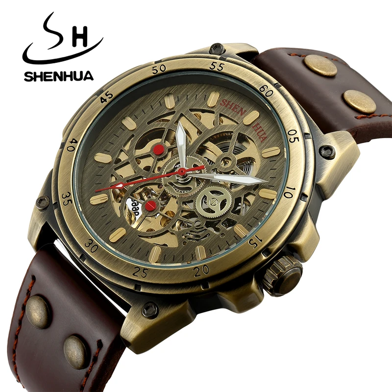 

SHENHUA Retro Hollow Skeleton Automatic Mechanical Watches Men's Unique Bronze Steampunk Watch Self-wind Mechanical Wristwatches