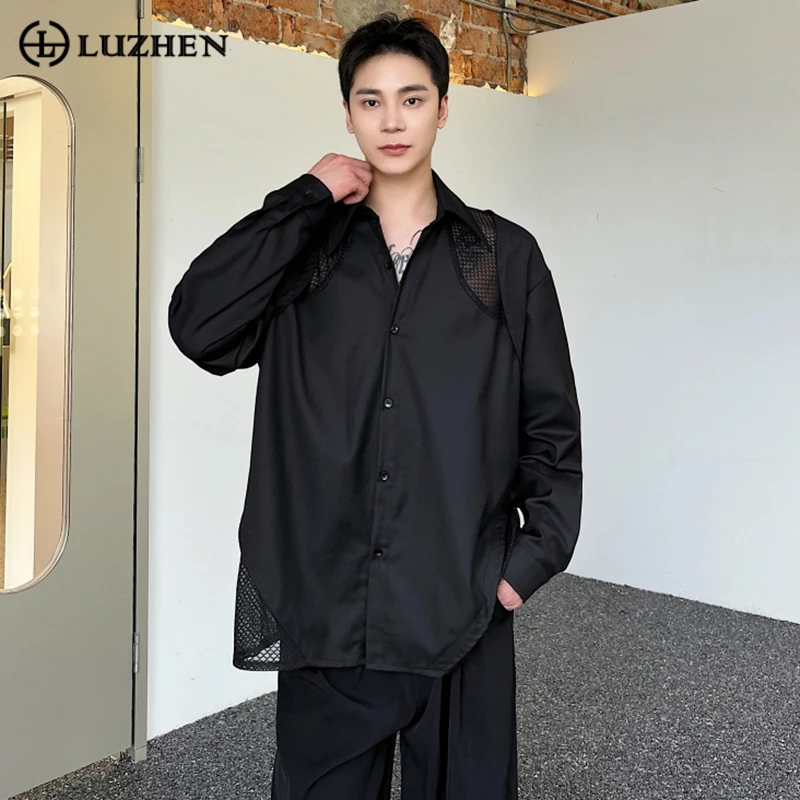 

LUZHEN Men Shirts Autumn New Personality Hollow Out Grid Panel Long Sleeve Top Mesh Spliced Perspective Suncreen Clothing 6b4234