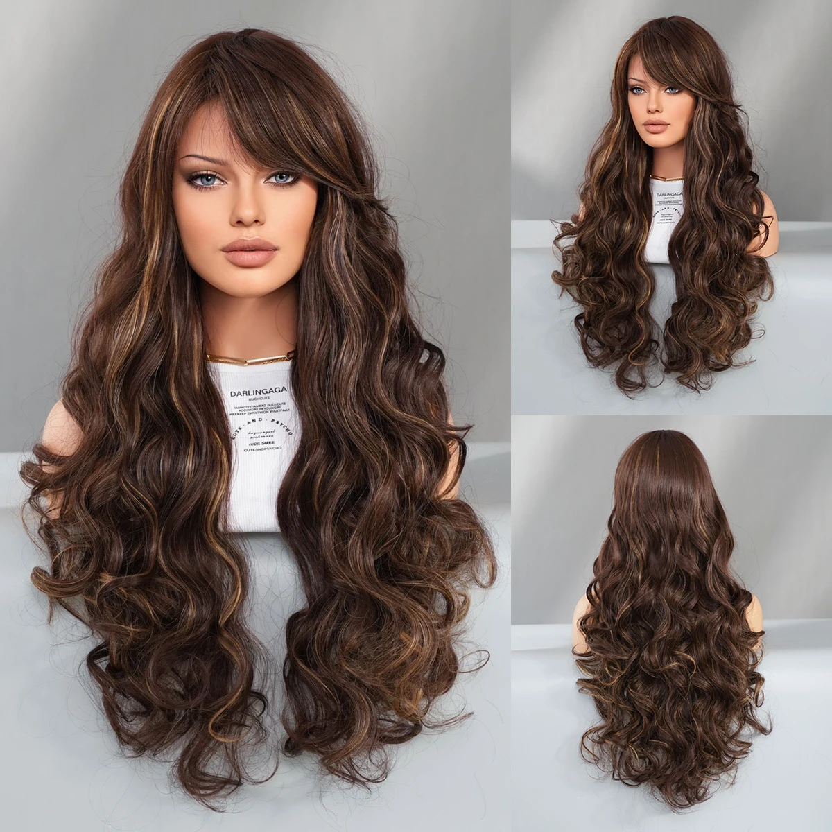 

PARK YUN Long Curly Reddish Brown Wig For Women Daily Party Cosplay Highlight Blonde Synthetic Loose Curly Wigs With Bangs