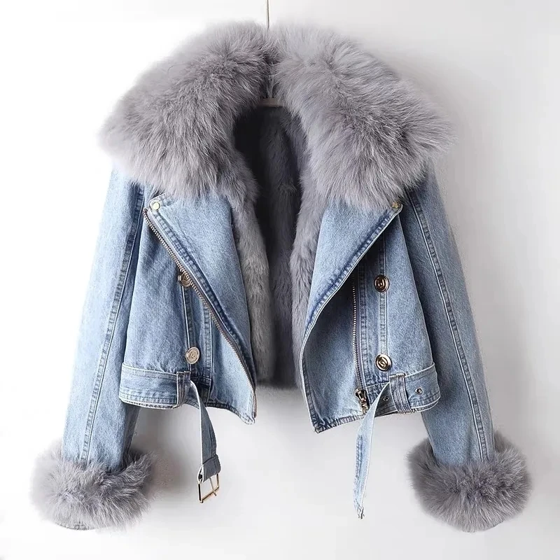 

2023 New Women Faux Fox Fur Collar Jean Coat Winter Jacket Female Short Warm Parkas Rabbit Hair Lining Outwear Fashion Overcoat