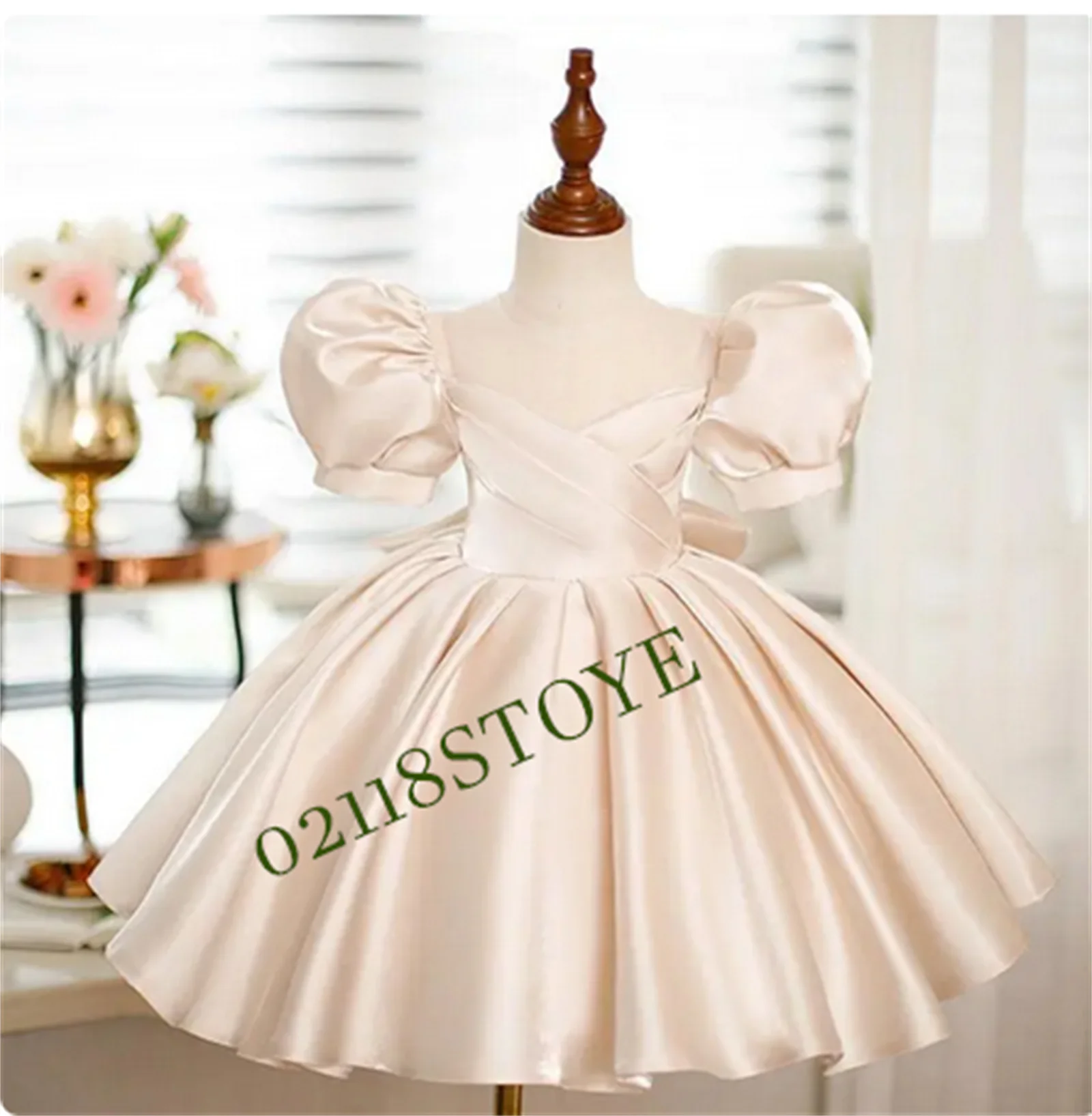 

Handmade Champagne Satin Baby Girl First Birthday Dress Tutu Puffy Christmas Dresses Little Baby Baptism Gowns