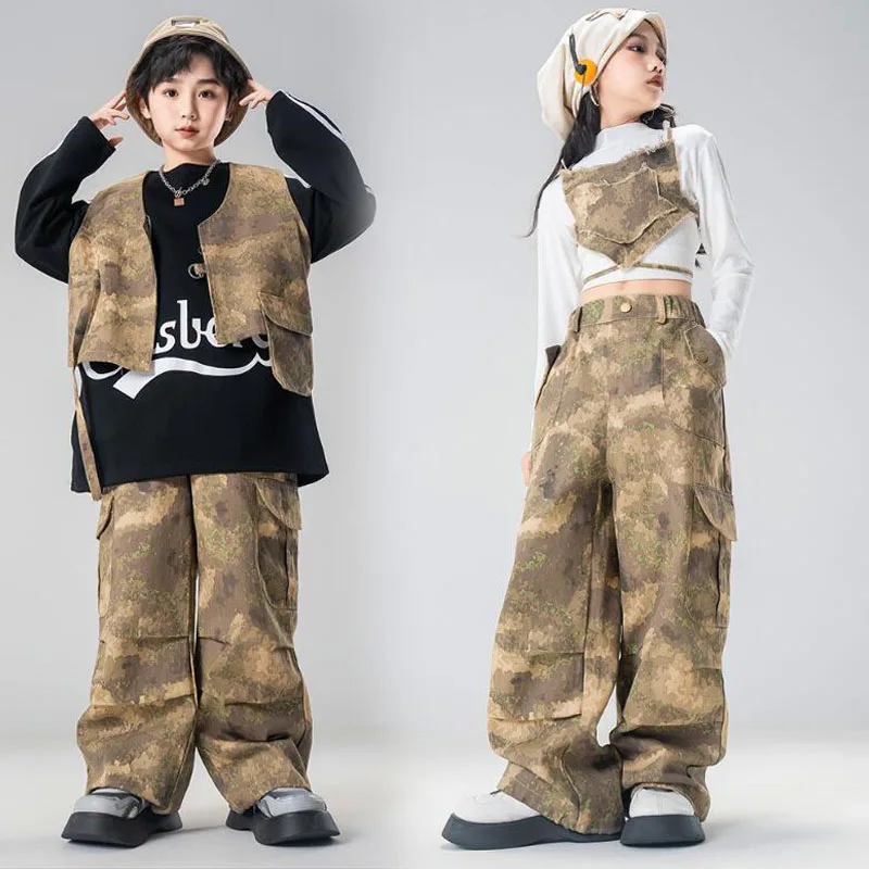 

Kids Kpop Outfits Hip Hop Clothing Crop Tops Vest Camo Streetwear Casual Cargo Pants for Girls Boys Jazz Dance Costumes Clothes