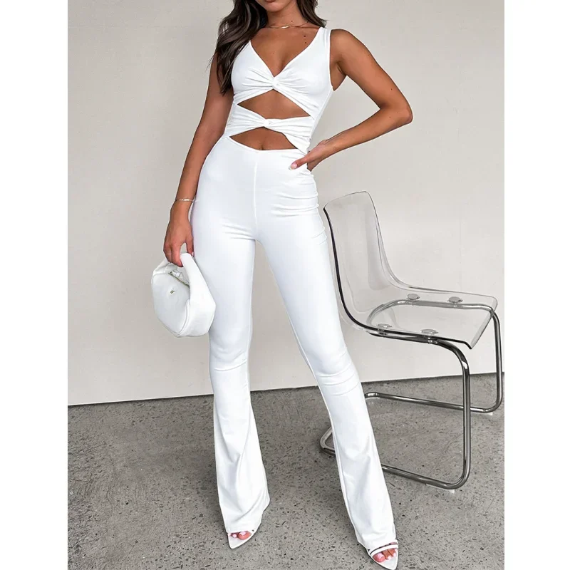 

WUHE Draped Cutout Front Tank Sleeveless Flare Jumpsuit 2024 Vintage Summer Sexy Romper One Piece Set Outfit Women Playsuit