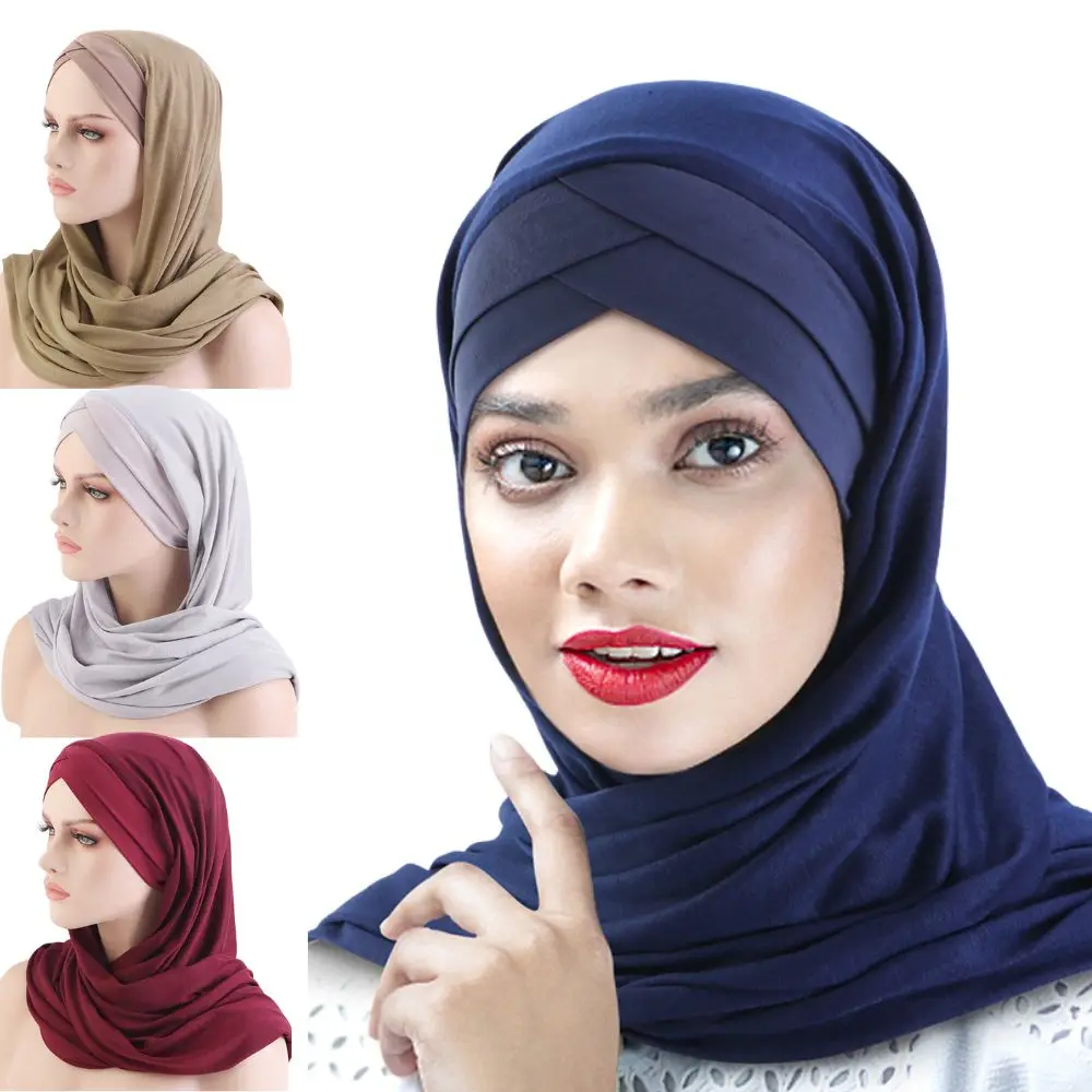 

Muslim Turban Cap Women's Brimless Hat Head Wraps Scarf Solid Color Bonnet Inner Hijabs Cap Islamic Forehead Cross Hat Shawls
