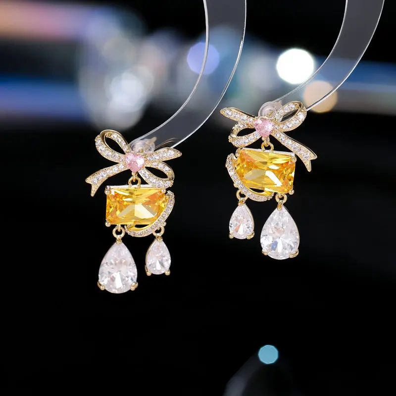 

S925 Silver Needle High End Earrings With Small And Unique Design Sense, Radiant Zircon Inlaid Bow Knot Water Drop Earrings For