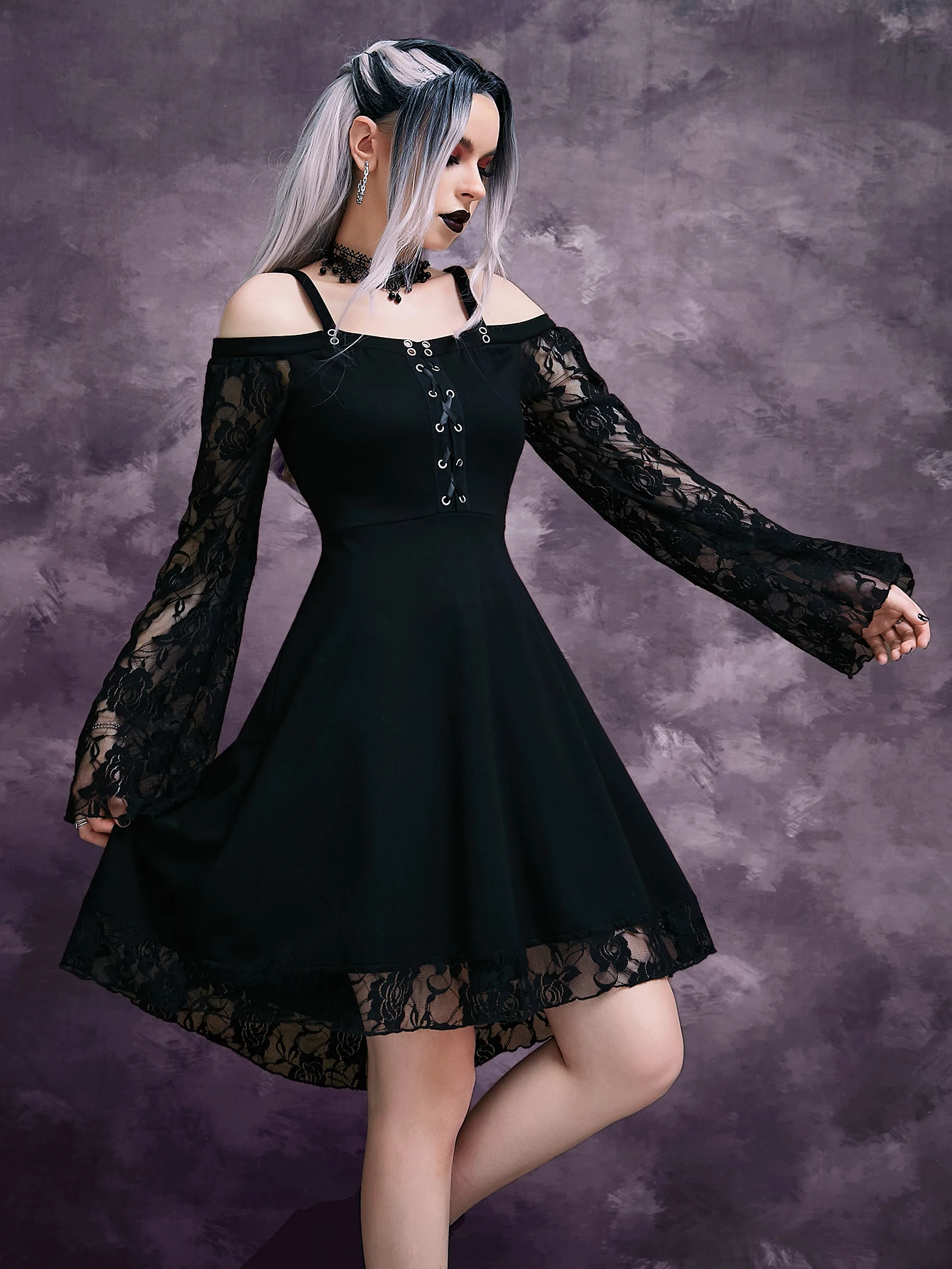 

Bold Shade Lace Patchwork Mall Gothic Women Dresses Open Shoulder Sexy A-line Alt Clothing Grunge Tie Up Elegant Partywear Dress