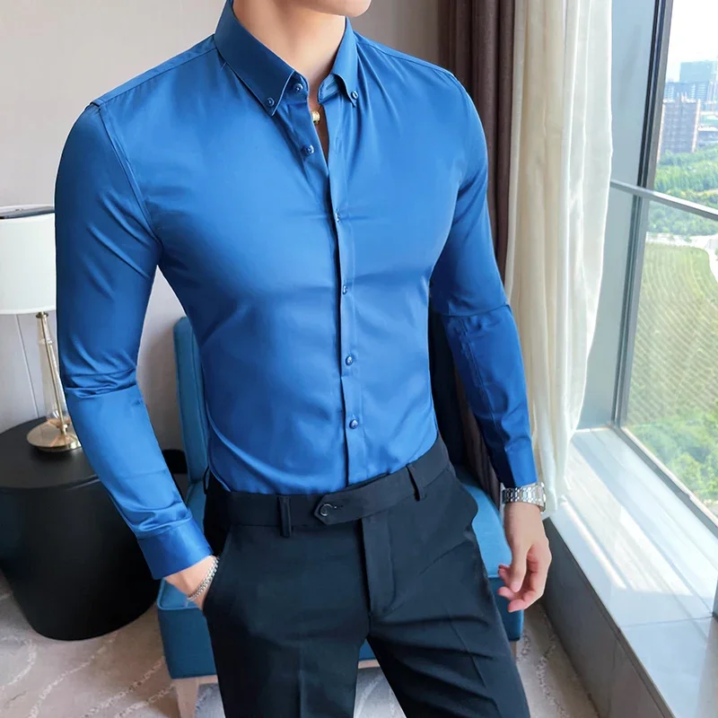 

Plus Size 5XL-M British Style Solid Long Sleeve Shirt Men Clothing Simple Slim Fit Business Casual Chemise Homme Formal Wear Hot