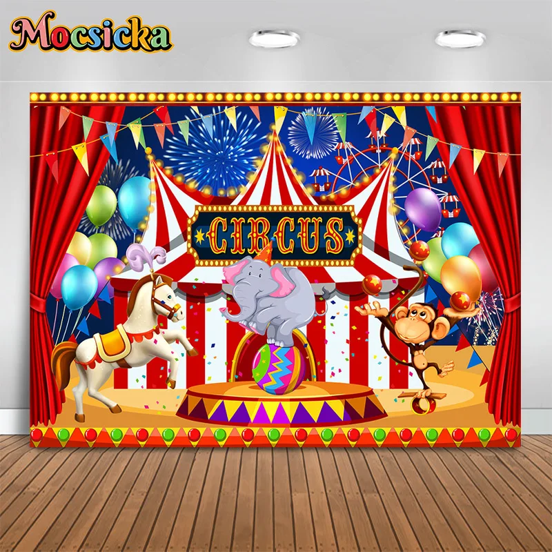 

Mocsicka Photography Backdrops Cib Cus Circus Animal Show Backgrounds Kids Happy Birthday Party Indoor Banner Cake Smash Props