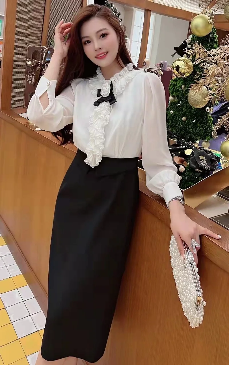 

One Piece Dress 2023 Spring Autumn Work Dress High Quality Women Appliques Flower Deco Long Sleeve Midi Color Block Dress OL