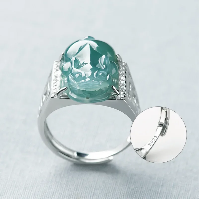 

Burmese Jade Pixiu Rings Jadeite Women Blue Natural Jewelry Gemstones Emerald Charm Accessories Carved Amulet 925 Silver