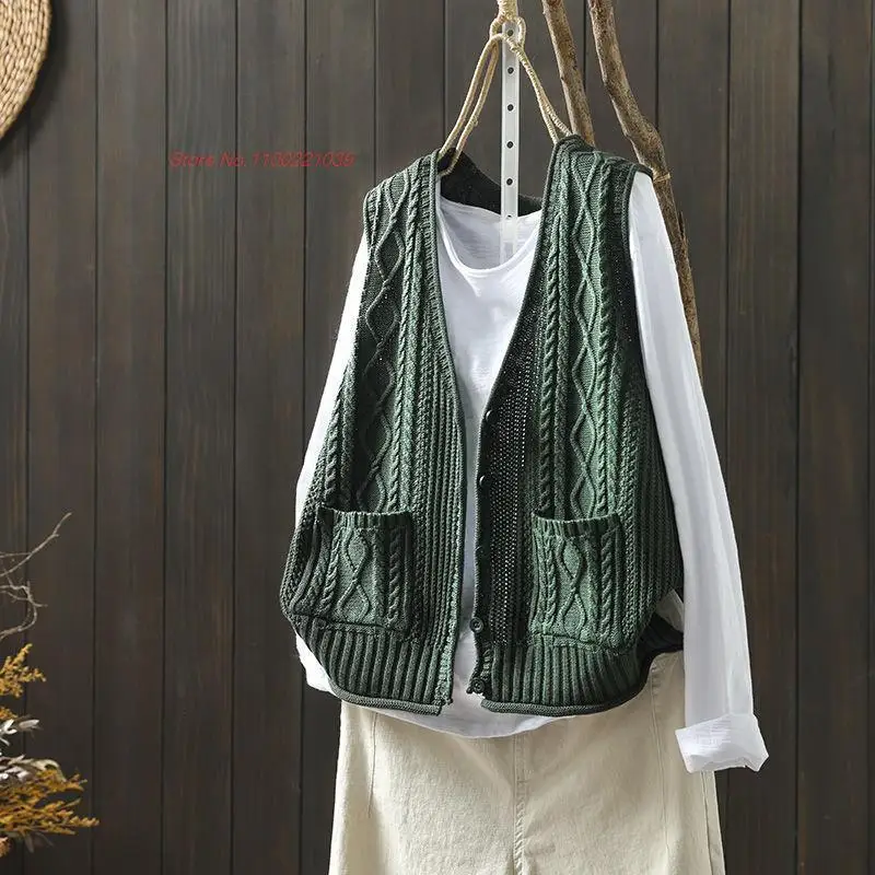 

2023 national vintage gilet hollow crochet knit vest tang suit oriental ethnic v-neck sleeveless waistcoat vest knitted cardigan