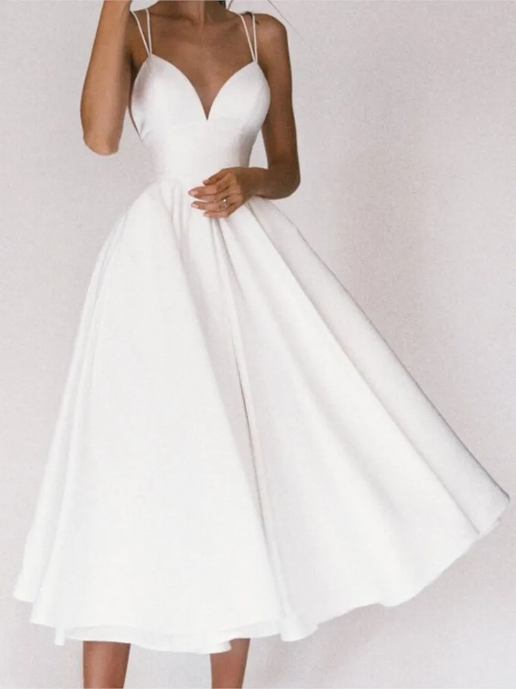 

Женское платье средней длины на бретелях-спагетти, однотонное Привлекательное элегантное платье с V-образным вырезом и открытой спиной для выпускного вечера, 2024