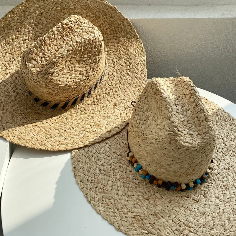 

202303-2509023 summer handmade raffia grass Bohemian wooden bead rope soft brim fedoras cap men women leisure panama jazz hat