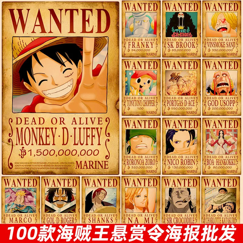 

100 Style One Piece Luffy 3 Billion Bounty Wanted Posters Four Emperors Kid Action Figures Vintage Wall Decoration Poster Toys