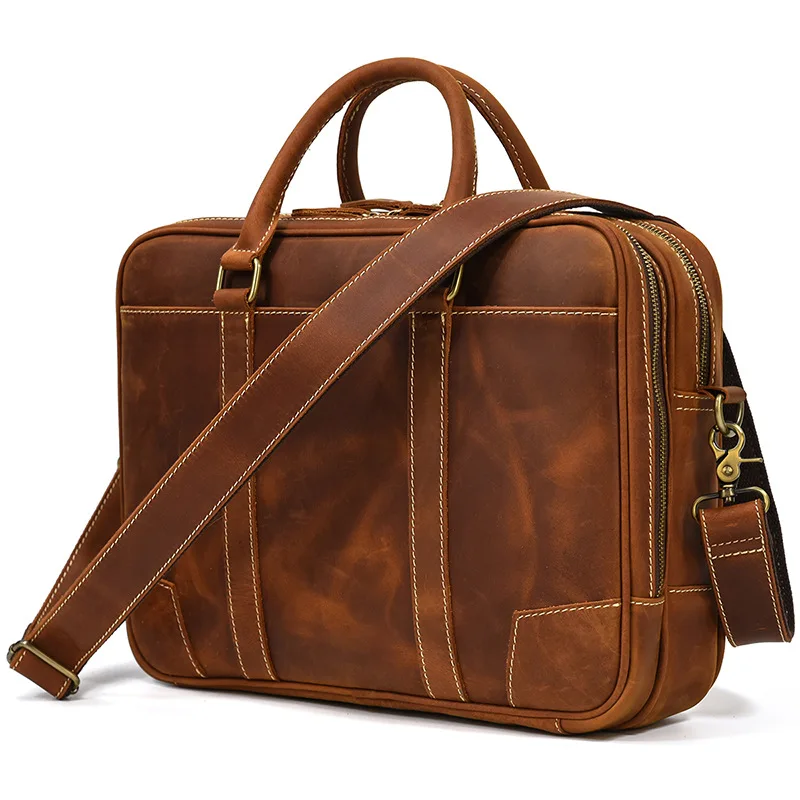 

Highend Vintage A4 Brown Top Grain Genuine Crazy Horse Leather Executive Men Briefcase Messenger Bag 14'' Laptop Portfolio M3823