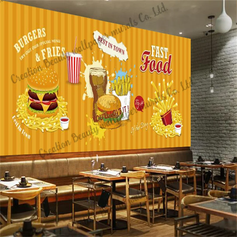 

Hand Painted French Fries Hamburger Wallpaper Industrial Decor Mural Western Fast Food Restaurant Snack Bar Background Wall