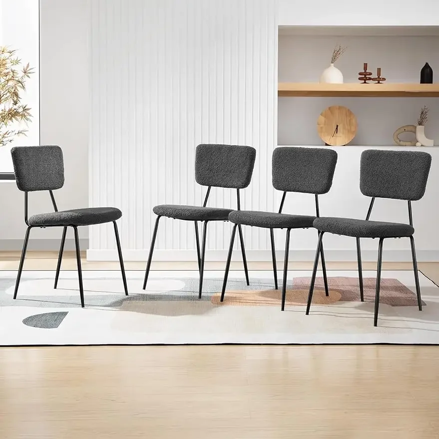 

Стулья для столовой, набор из 4 современных кухонных стульев букле с черными металлическими ножками, серый мягкий стул для кухни