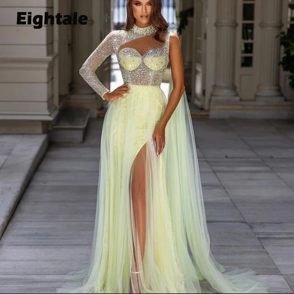 

Eightale Yellow Prom Dresses Sparkly Tulle High Neck Long Sleeve Side Slit Mermaid Arabic Evening Gown for Wedding Party