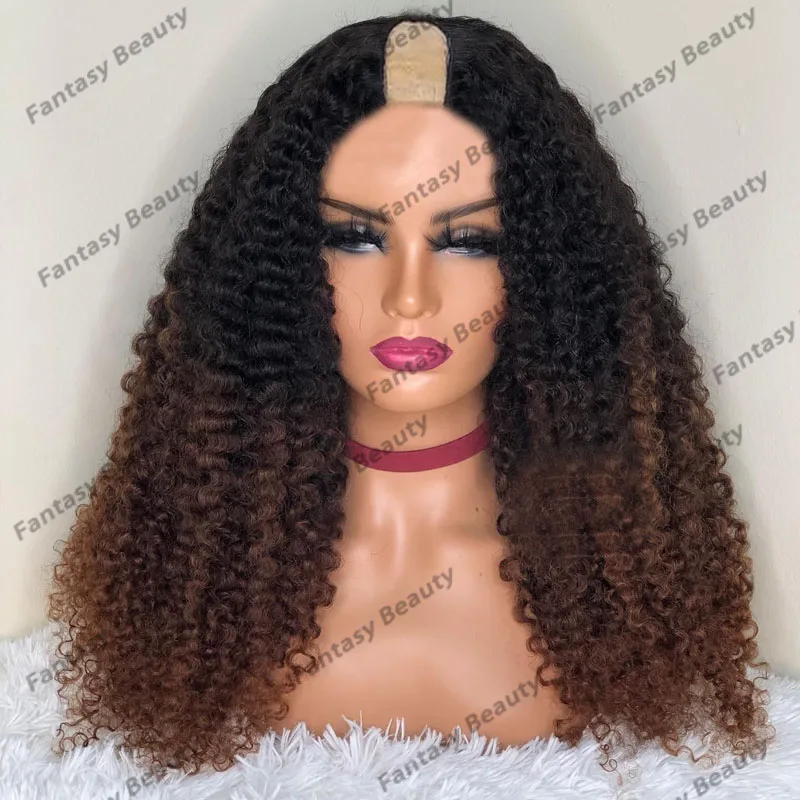 

Glueless 100% Human Hair Ombre Coffee Brown Kinky Curly Afo Women Human Hair Wigs 250Density Black Roots 1x4 U Part/V Part Wigs