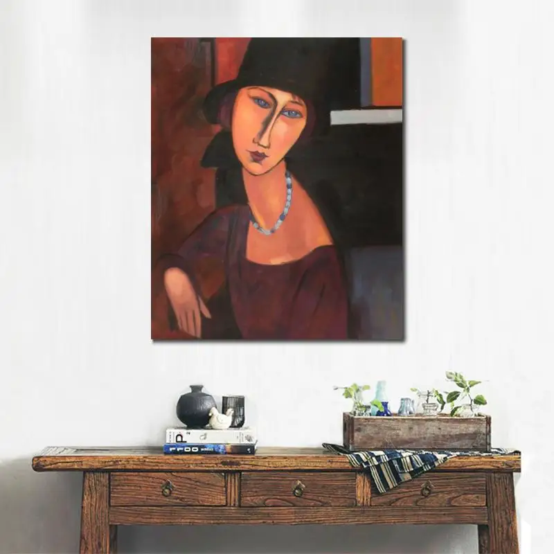 

Abstract Woman Canvas Art Oil Painting Amedeo Modigliani Jeanne Hebuterne with Hat Handmade Portrait Female Artwork High Quality