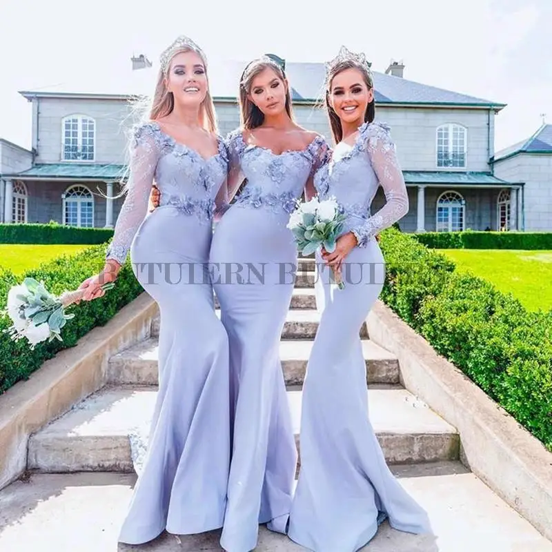 

Ice Blue Long Sleeve Mermaid Bridesmaids Dresses Appliques 3D Flowers Maid of Honor Gown Evening Prom Dress платье для девочки
