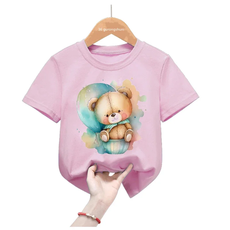 

2024 Watercolor Bear Love Balloon Cartoon Print Pink Tshirt Girls Kawaii Kids Clothes Summer Short Sleeve T Shirt Harajuku Shirt