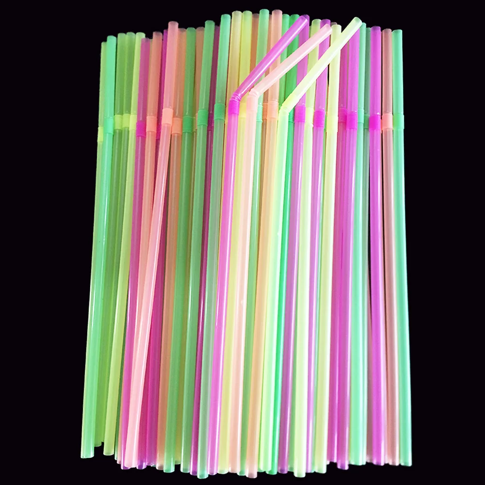 

100Pcs/Set Neon Party Flexible Drinking Straws Glow in The Dark Supplies Fluorescent Birthday Wedding Party Supples Candy Color