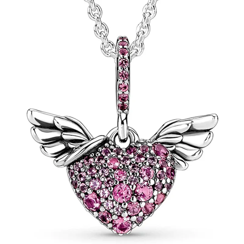 

Original Sparkling Red Heart & Angel Wings With Crystal Necklace For 925 Sterling Silver Bead Charm Bracelet Europe DIY Jewelry
