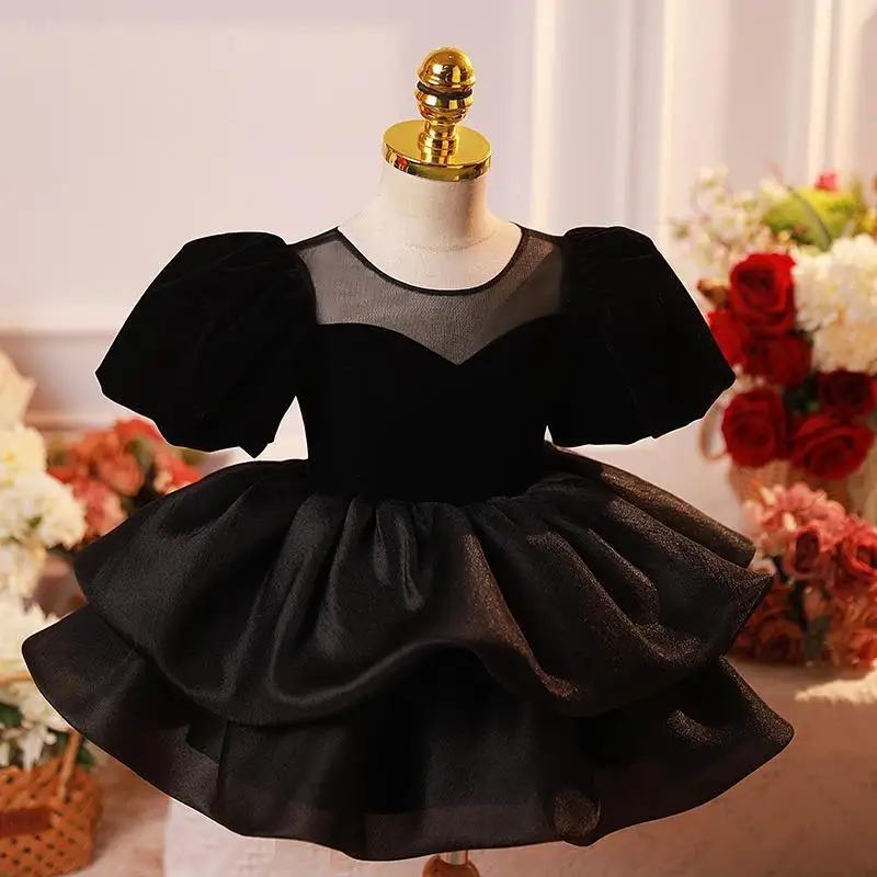 

New Black Organza Baby Girl Birthday Dress Christening Gown with Short Puff Sleeve Christmas Dresses Little Baby Vestidos