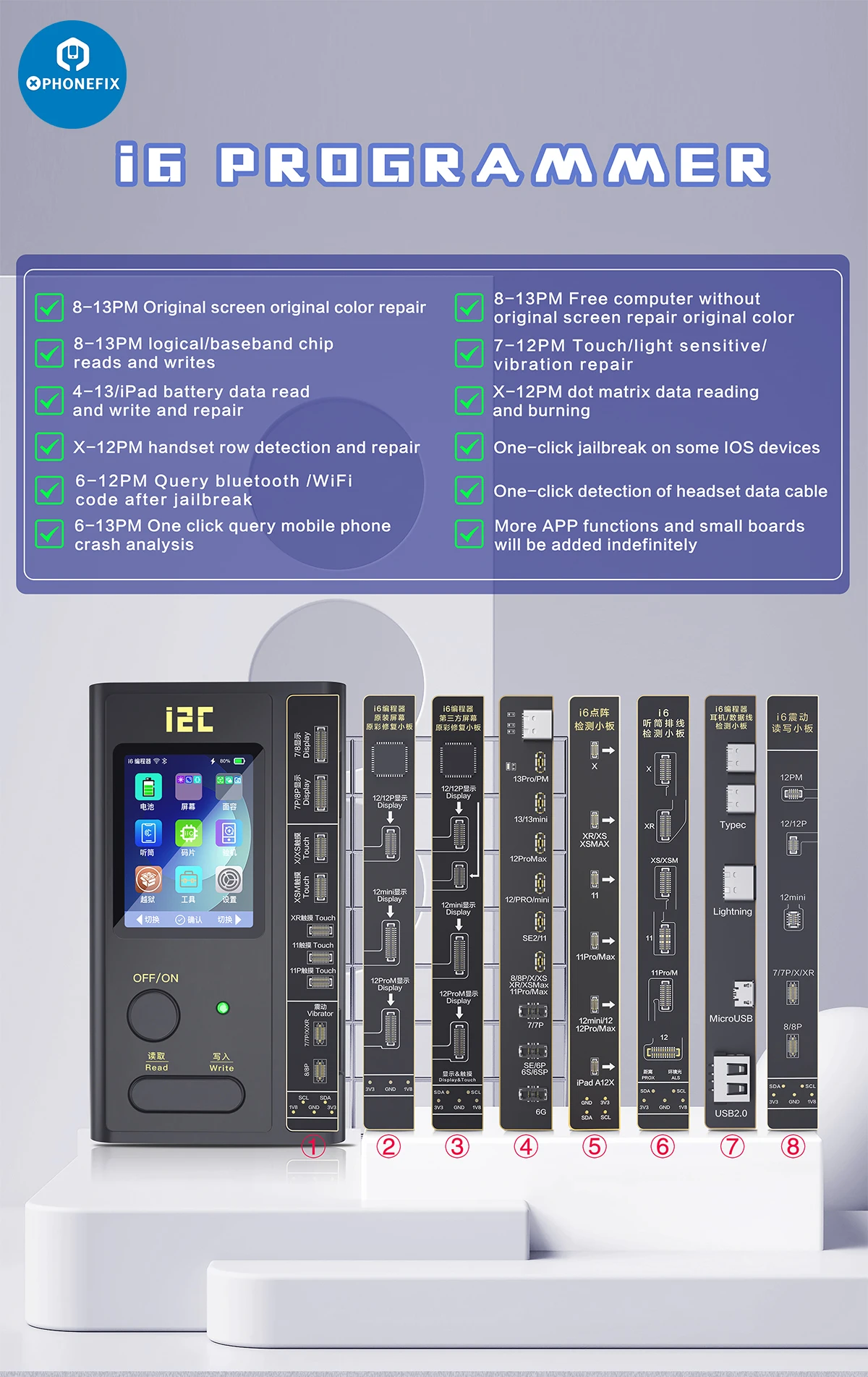 i2C i6 Face ID Intelligent Programmer For iPhone 6-13 Pro Max LCD Screen Original Color Battery Fingerprint Dot Matrix Repair
i2C i6 Face ID Intelligent Programmer For iPhone 6-13 Pro Max LCD Screen Original Color Battery Fingerprint Dot Matrix Repair
