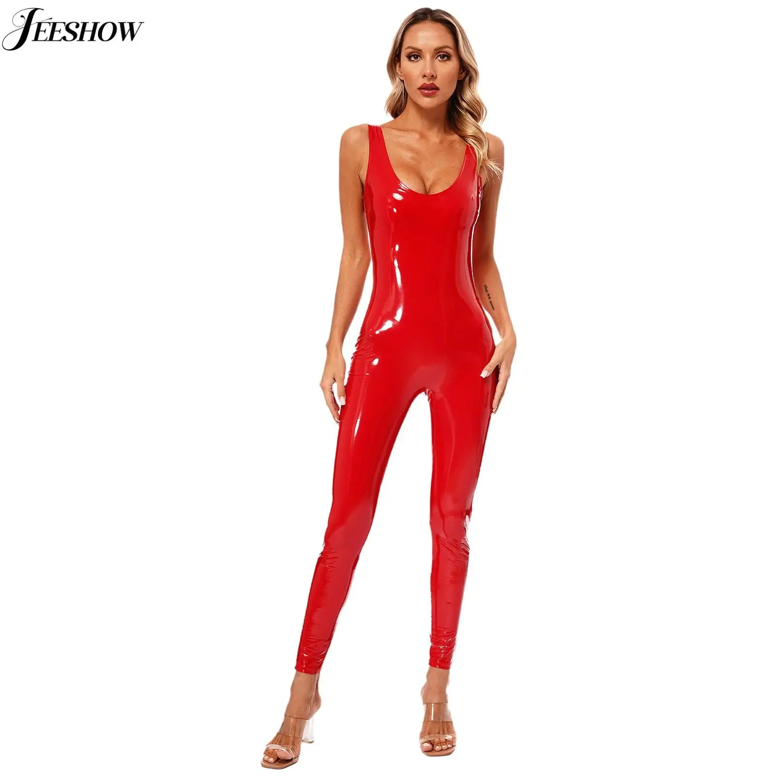 

Womens Glossy Leather Sleeveless Tight Tank Jumpsuit Scoop Neck Unitrad Rompers Wet Look Skinny Pants Bodysuit Latex Catsuits