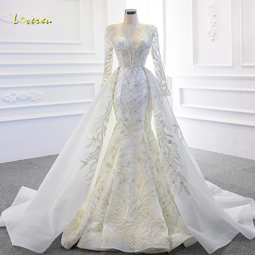 

Loverxu Mermaid Exquisite Wedding Dresses 2024 V-Neck Long Sleeve Vestido De Novia Lace Detachable Sweep Train Robe De Mariee