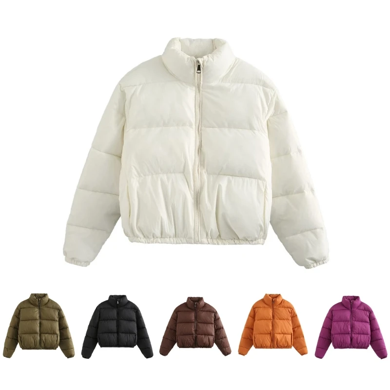 

Puffer Jackets for Women Cropped Zipper Up Padded Bubble Coat Warm Quilted Winter Loose Solid Color Outwear with Pockets