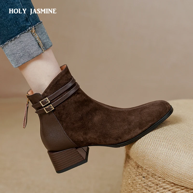 

2023 New Shoes Women Sheep Suede Short Boots Square Toe Chunky Heel Boots for Women Winter Mature Women Boots Solid Modern Boots