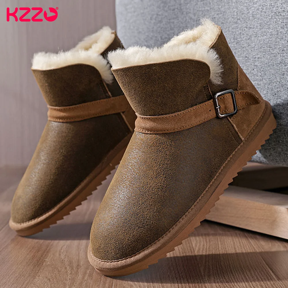 

KZZO Real Sheepskin Leather Snow Boots Men Fashion Ankle Short Winter Natural Sheep Wool Fur Lined Casual Warm Shoes Waterproof