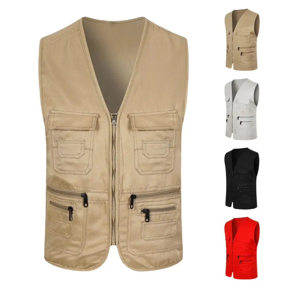 

Men Summer Cargo Waistcoat V-Neck Sleeveless Multi Pockets Sports Vest Solid Color Zipper Placket Volunteer Safety Vest Coat