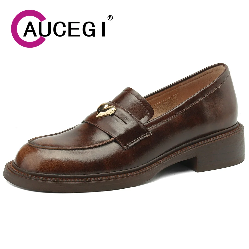 

Aucegi British Style Comfortable Chunky Heels Pumps Women 2024 Spring Slip On Loafers Round Toe Genuine Leather Commuter Shoes