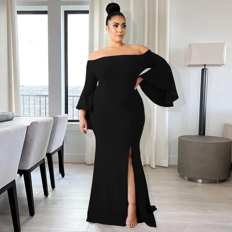 

Dresses Plus Size Women Clothing Solid Color Sexy Long Dress Bustier One Shoulder Flared Sleeve Large Size Casual Elegant Dress