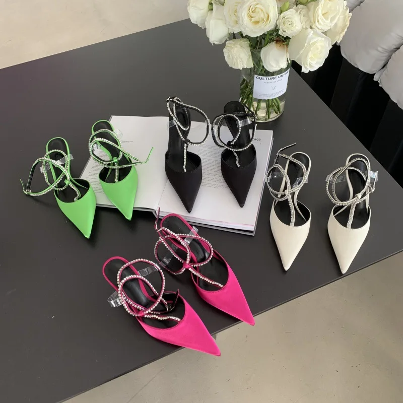

Crystal Shoes High Heels Stiletto Sandals Ladies Roman Style 2023 Lace-Up Pointed Pumps Slingback Ornaments Fine African Casual