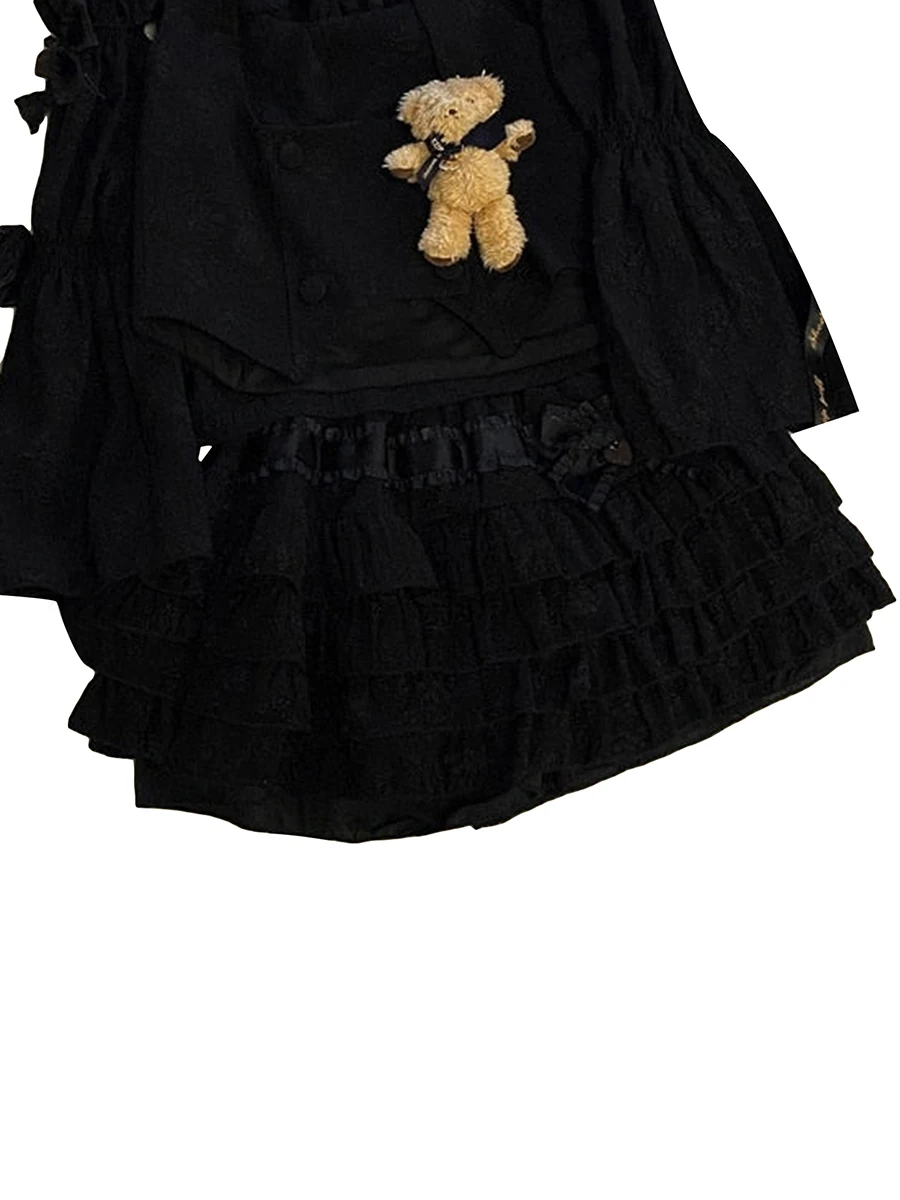 

Women s Lolita Mini Skirts Cute High Waist Bow Layered Ruffle Hem A-Line Short Skirts